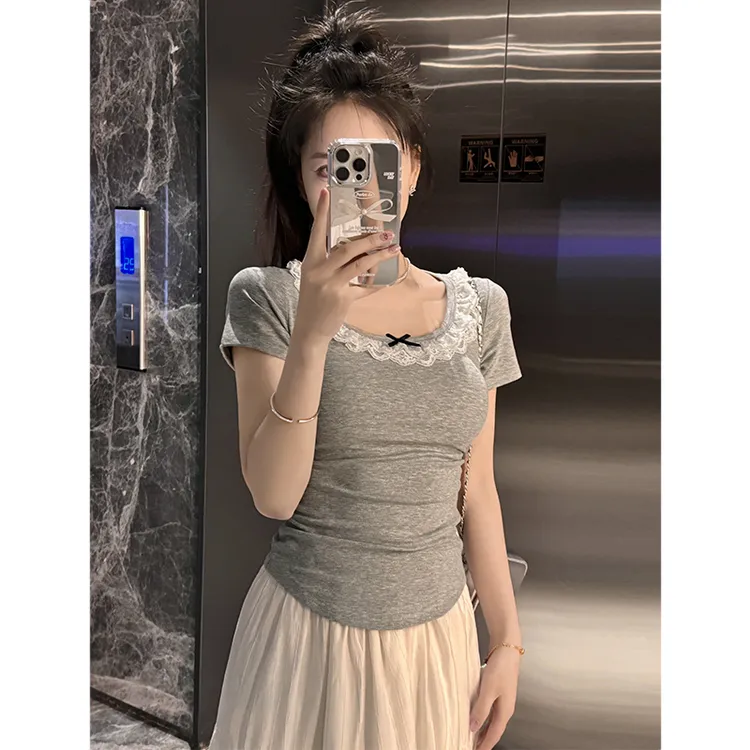 法式T恤女夏季新款洋气U形摆时尚蝴蝶结蕾丝花边圆领修身短袖上衣