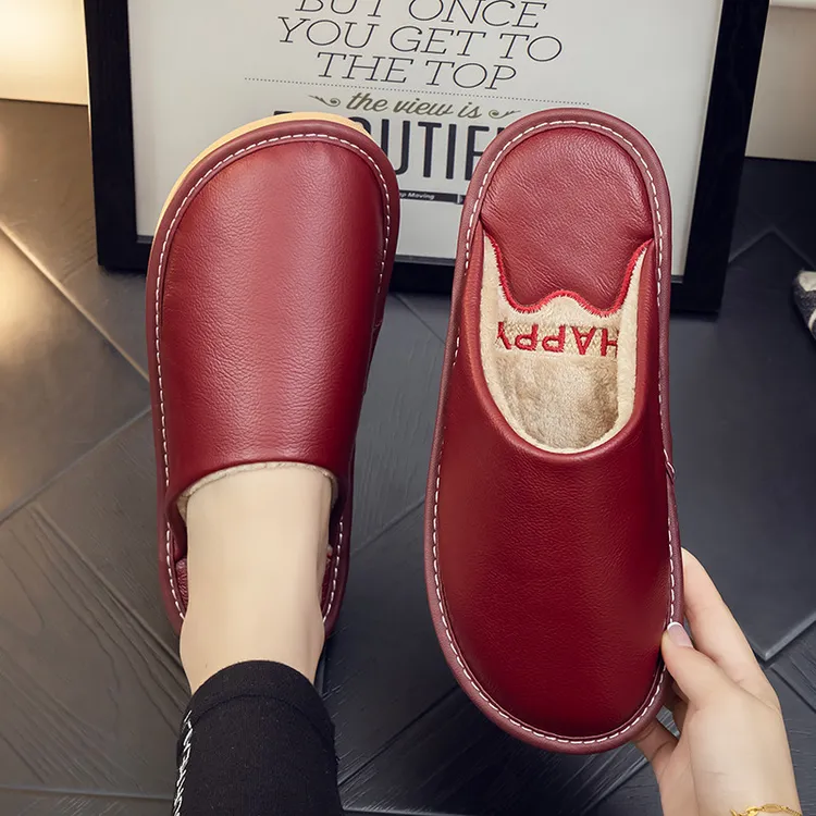 冬季头层牛皮棉拖鞋女室内厚底防滑防水保暖家居皮拖鞋男厂家开心