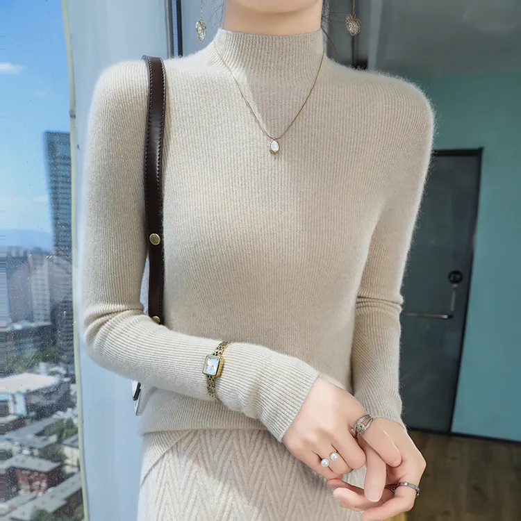 秋冬女款100%纯山羊绒抽条半高领一线成衣百搭保暖针织毛衣打底衫