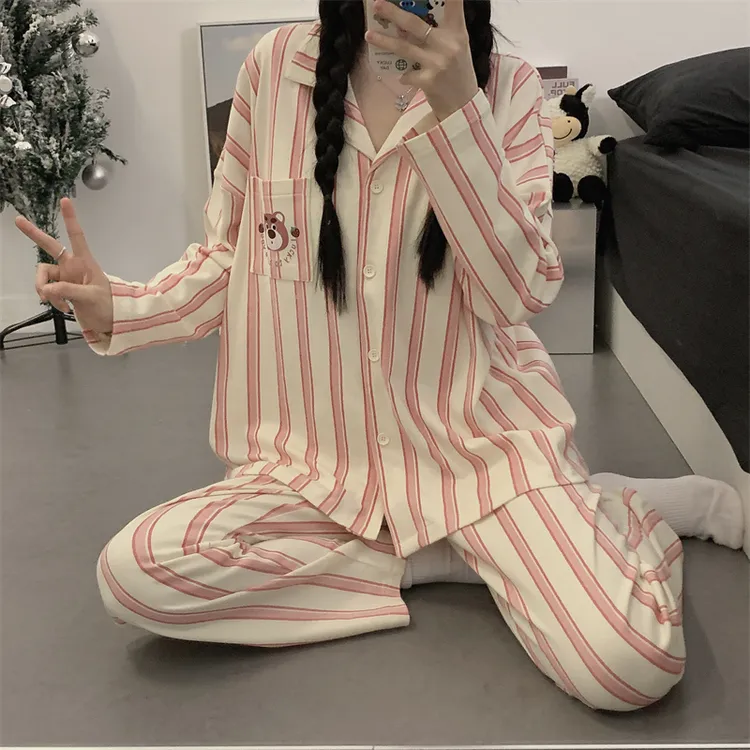 秋冬季女睡衣新款开衫翻领长袖长裤学生甜美少女可外穿家居服套装