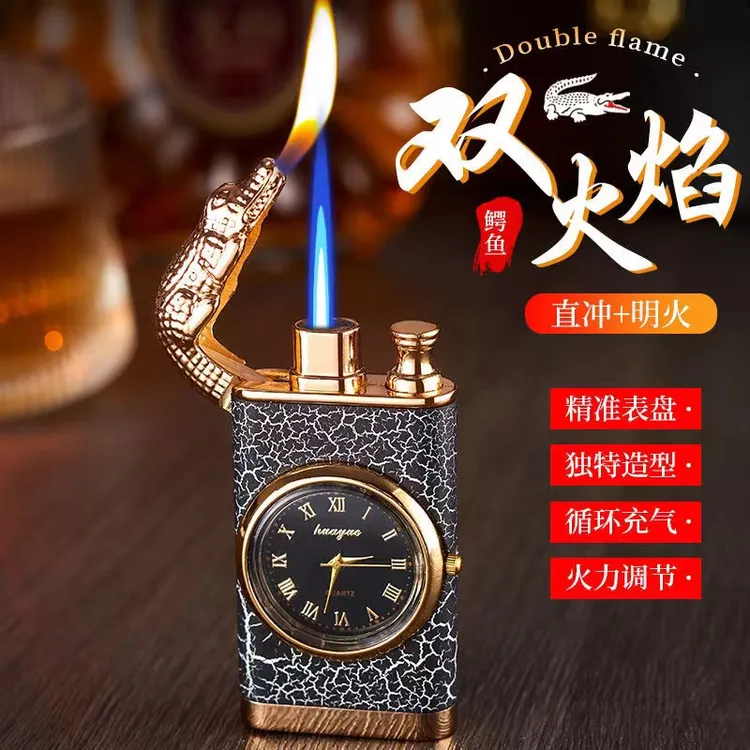 高档双火点火复古电弧充气打火机带表盘创意多功能送男士礼物时尚