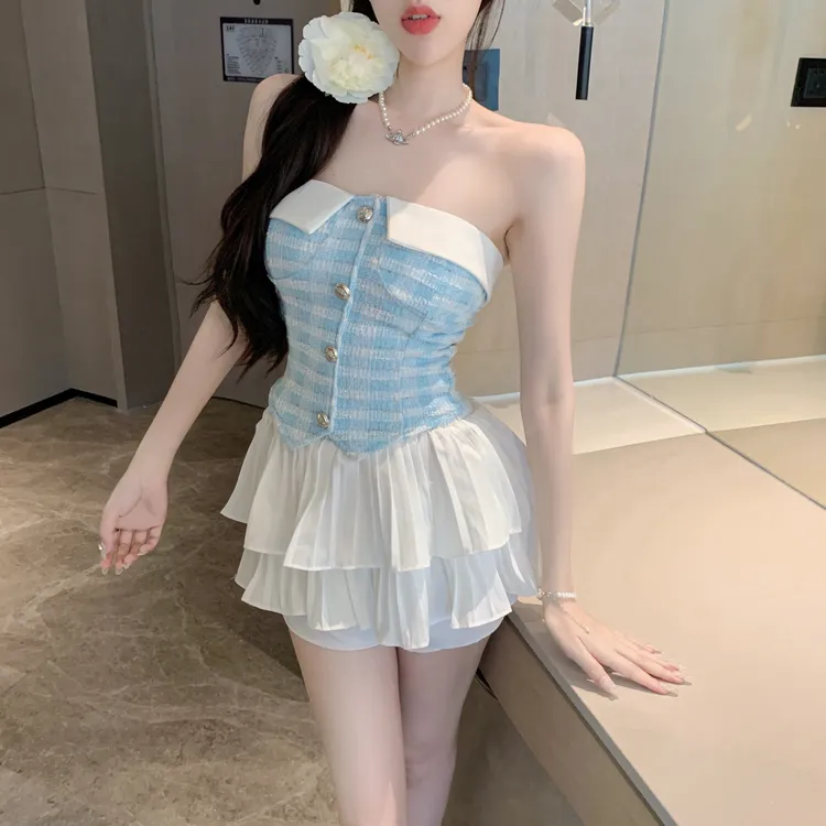 夏季纯欲短款抹胸背心上衣外穿减龄洋气时尚套装半身裙甜辣两件套