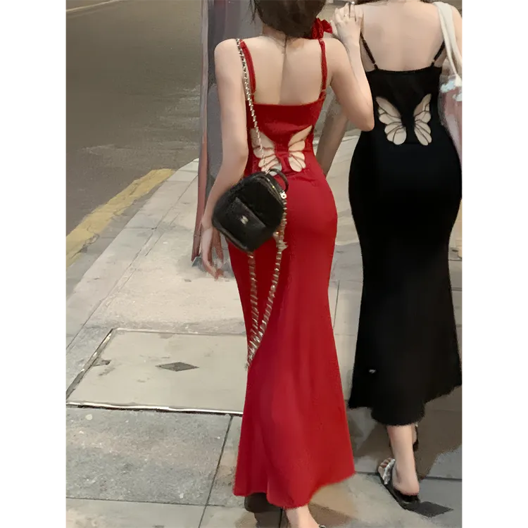 蝴蝶镂空露背吊带连衣裙女夏季修身红色鱼尾裙辣妹收腰包臀包臀裙