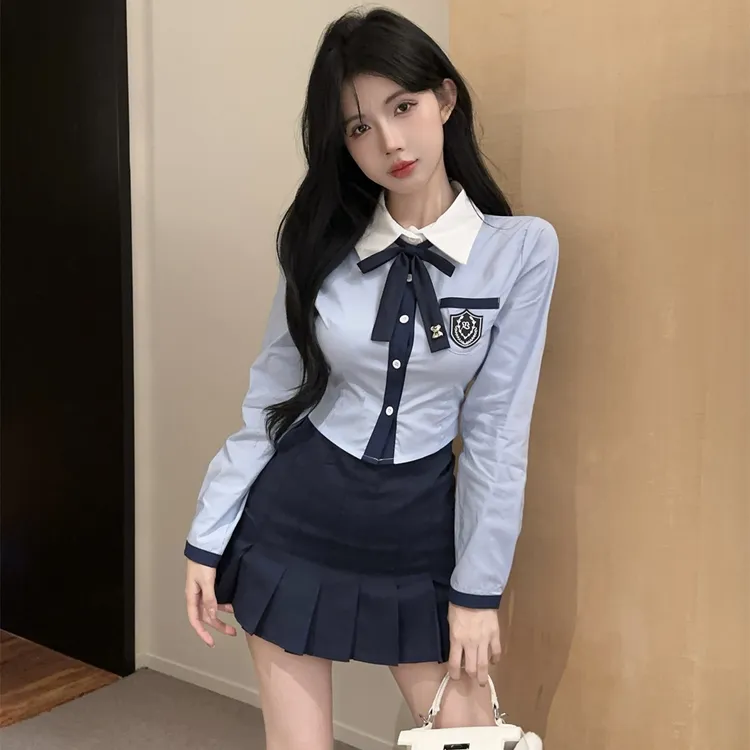 jk制服学院风套装女秋季短款收腰领结衬衫上衣高腰百褶短裙两件套