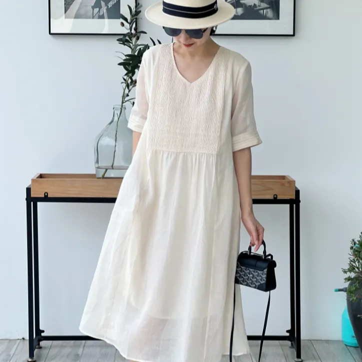 (YY推荐）风醉荷香 气质显瘦时尚夏季奶杏色纯色中长款简约连衣裙