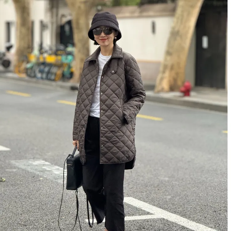 （YY推荐）冬日恋岛休闲百搭宽松秋冬保暖时尚菱形格中长款女士棉服