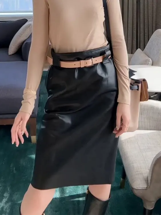 高腰显瘦真皮半身裙女中长款开叉包臀时尚洋气（60厘米左右长度）