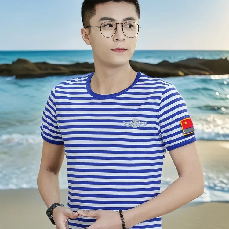 夏季海魂衫短袖T恤男士中老年半袖战友八一聚会刺绣国旗定制海军