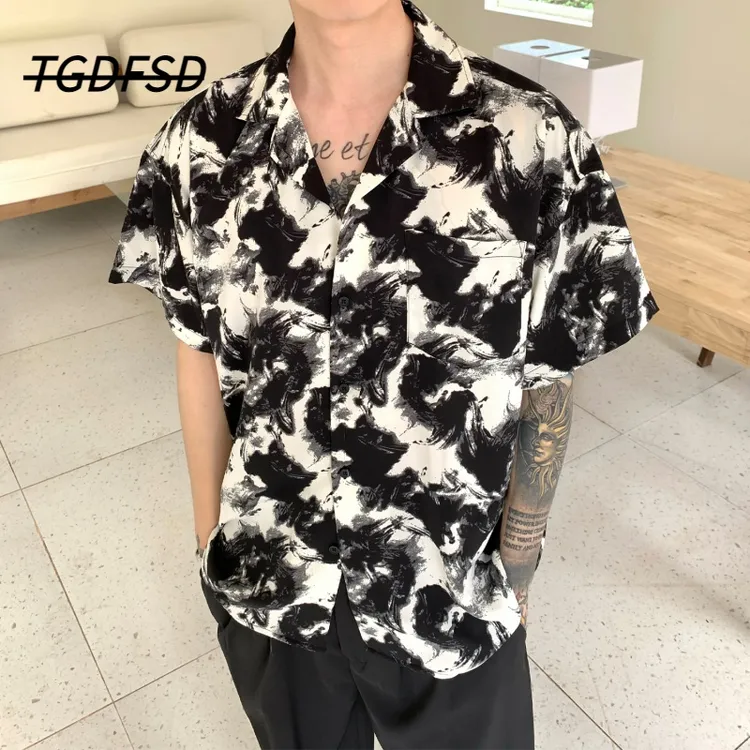 2025新款小众扎染撞色翻领衬衫男宽松夏季痞帅短袖垂感免烫花衬衣