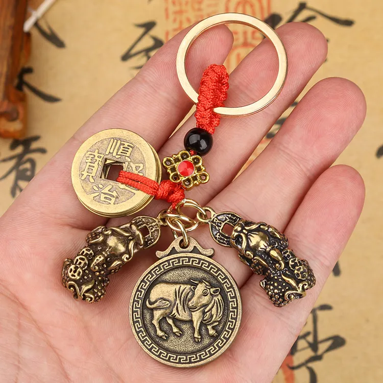 黄铜双貔貅十二生肖汽车钥匙扣创意手工编织复古风属相礼品小挂件
