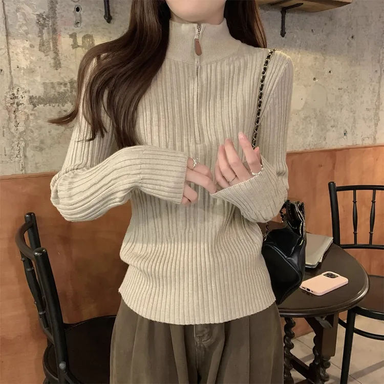秋冬气质拉链半高领高级感内搭针织毛衣长袖女设计感洋气打底上衣