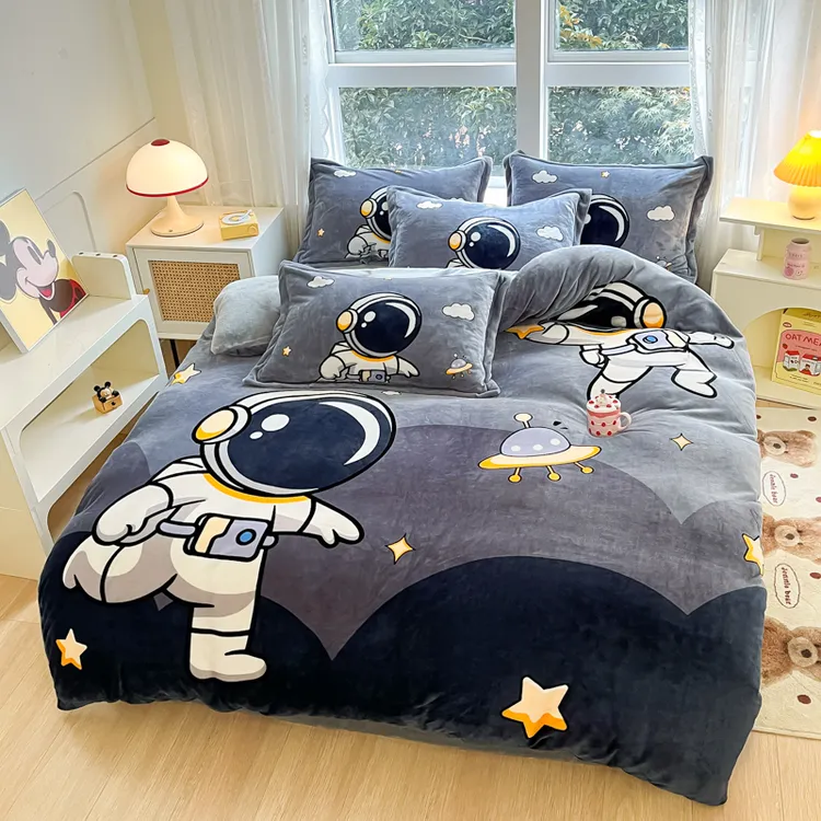 太空人儿童牛奶绒四件套加厚双面珊瑚绒被罩卡通加绒床单笠三件套