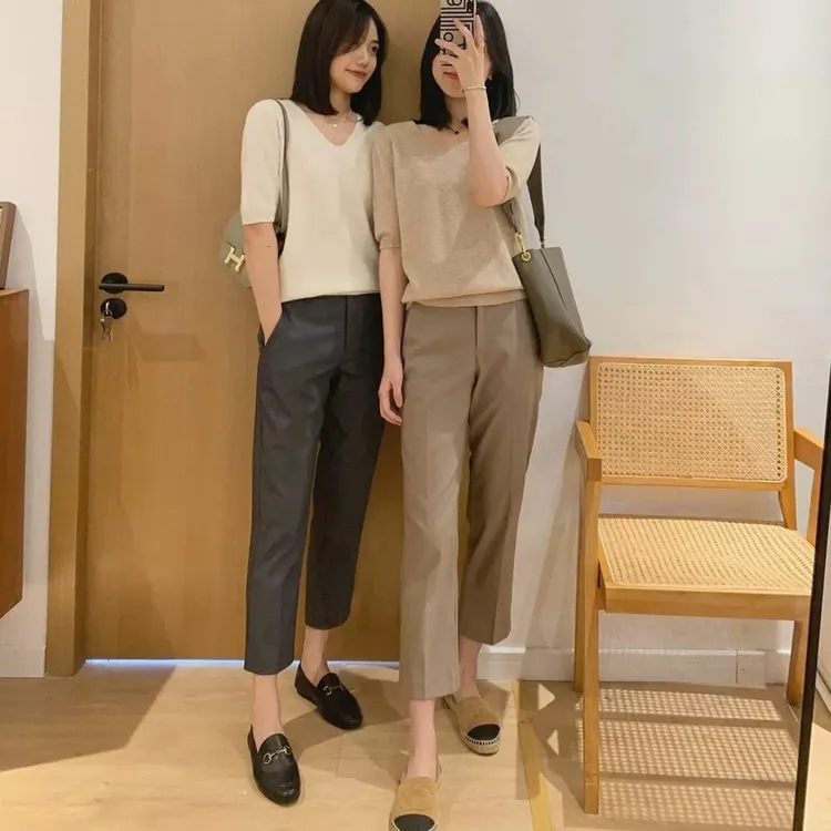 薄款西装裤女小黑裤休闲裤高腰显瘦垂坠感直筒九分裤烟管裤松紧腰