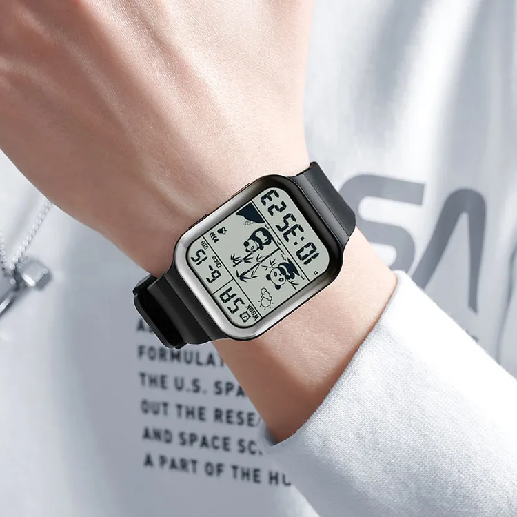 方块手表小学生初中生简约时尚熊猫运动电子表男生夜光防水防摔女