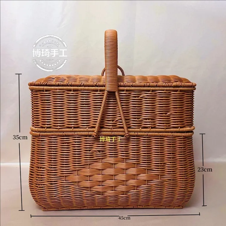 Y01仿藤编，编花野餐篮方形双层拜拜篮(整体盖子可拆卸)45×30×35