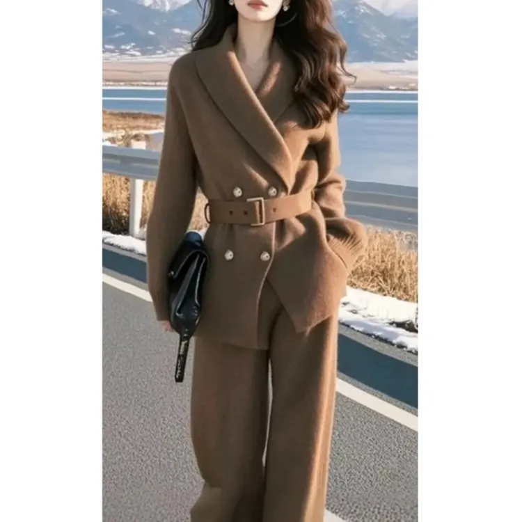 高级感时尚两件套女2024秋冬新款针织毛衣外套阔腿裤套装气质女装