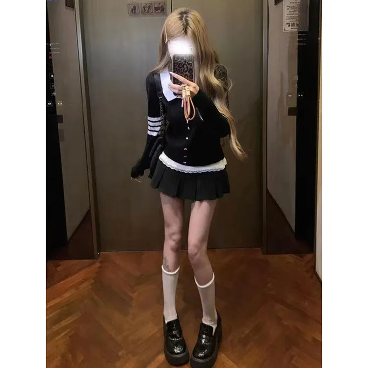 韩系Polo领上衣套装女秋季设计感小众百褶短裙慵懒宽松长袖针织衫