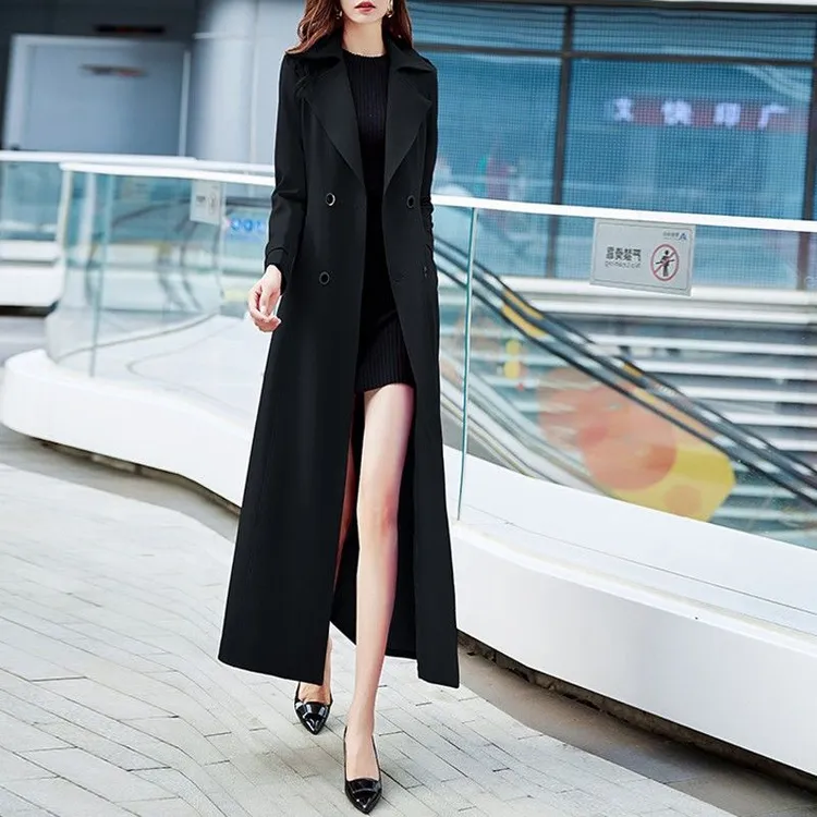 高端流行英伦风衣女2024春新款黑色气质时尚简约显瘦长款过膝外套