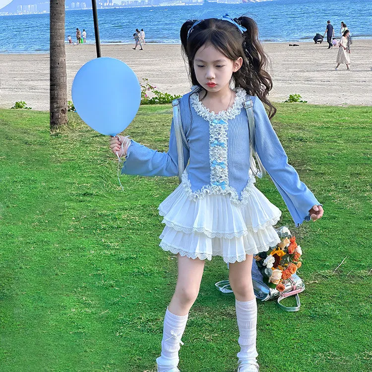 女童春夏套装2024新款洋气小女孩长袖打底衫百褶花边短裙两件套潮