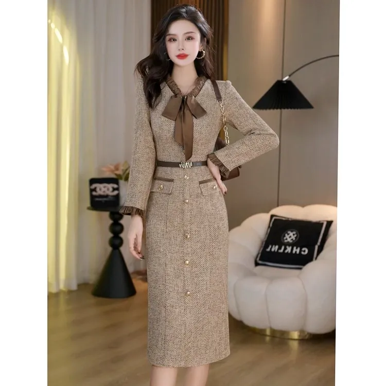 【高品质】秋冬名媛千金小香风A字裙法式高级轻奢修身显瘦连衣裙