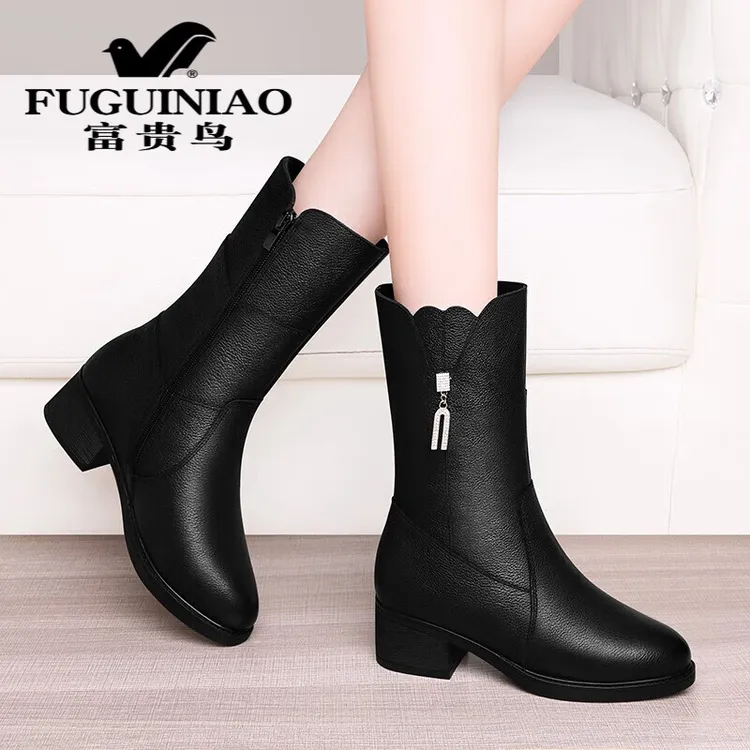 FUGUINIAO/富贵鸟头层牛皮中筒粗跟高跟鞋2025秋英伦风骑士靴女鞋