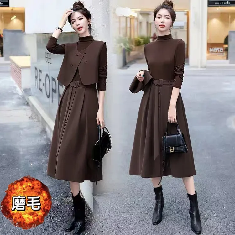 PJ秋冬中长款连衣裙长袖三件套洋气气质女神范高级感法式马甲7882