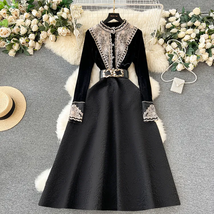 【有里布】黑色复古连衣裙女春秋时尚高级感法式赫本风礼服裙子2466