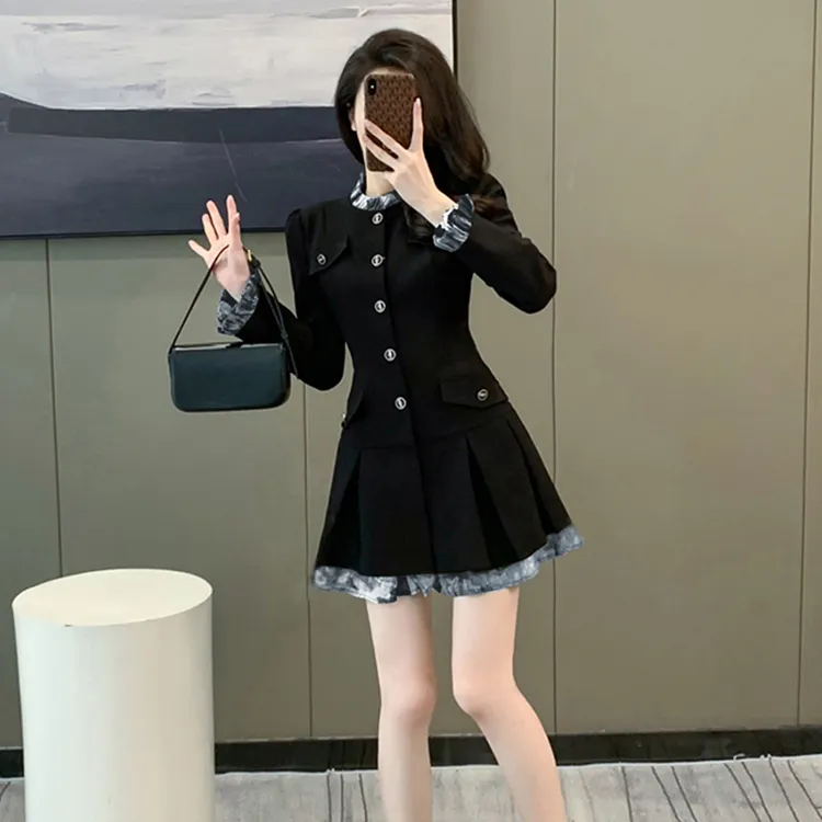 复古法式小香风连衣裙女2025新款气质拼接黑色收腰百褶A字裙6554