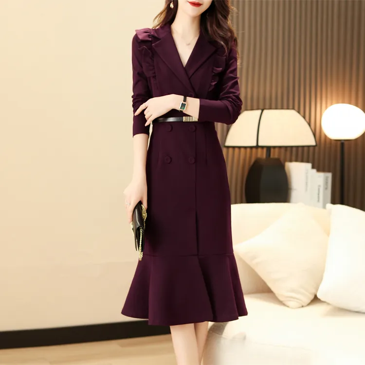 名媛气质礼服连衣裙女2025秋高端职业修身荷叶边收腰鱼尾裙7814