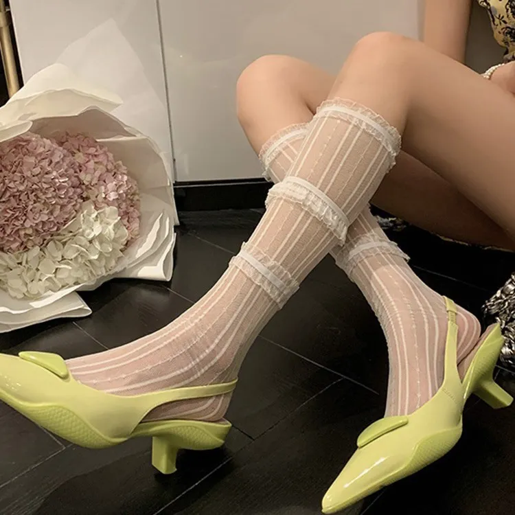 银丝网纱美腿袜三层蕾丝花边小腿袜白色纯欲镂空薄复古