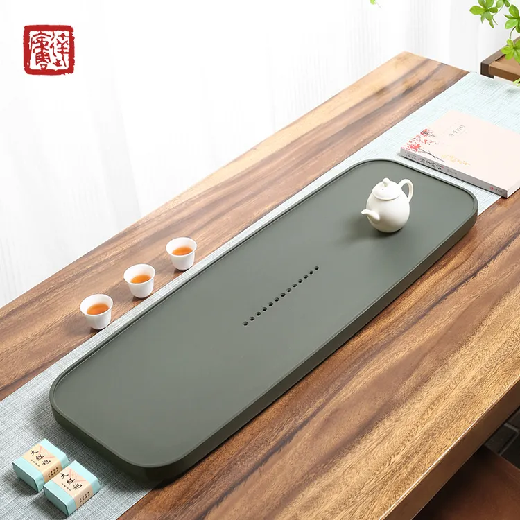 天罗绿茶盘家用轻奢高档手工整石茶台大小号带排水干泡乌金石茶盘