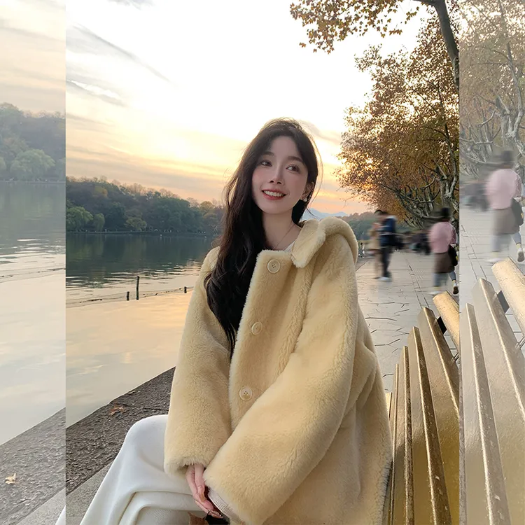 梁沫沫LMOMO「温柔奶黄」连帽羊毛冬季长款大衣气质羊羔毛外套Y2122