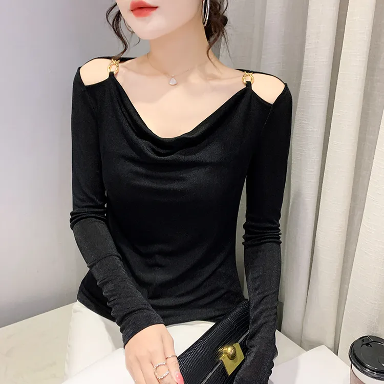 春秋季新款9128露肩黑色打底衫韩版修身透气潮流女T恤长袖百搭