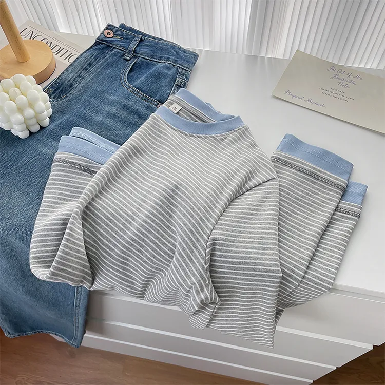 撞色条纹长袖t恤衫正肩宽松显白上衣假两件设计感小众内搭打底衫