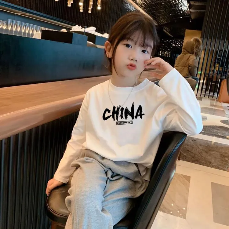 巴拉扣扣100%儿童长袖打底衫春秋新品印花洋气休闲t恤女宝宝白色