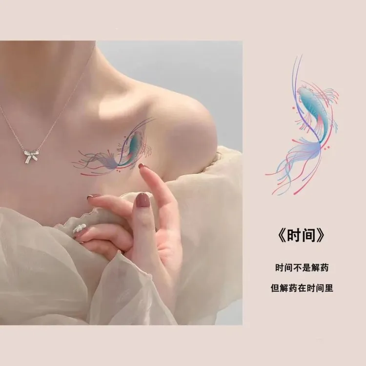 鱼鲤鱼锦鲤纹身贴 蓝色唯美锁骨手腕小清新防水纹身贴女持久逼真