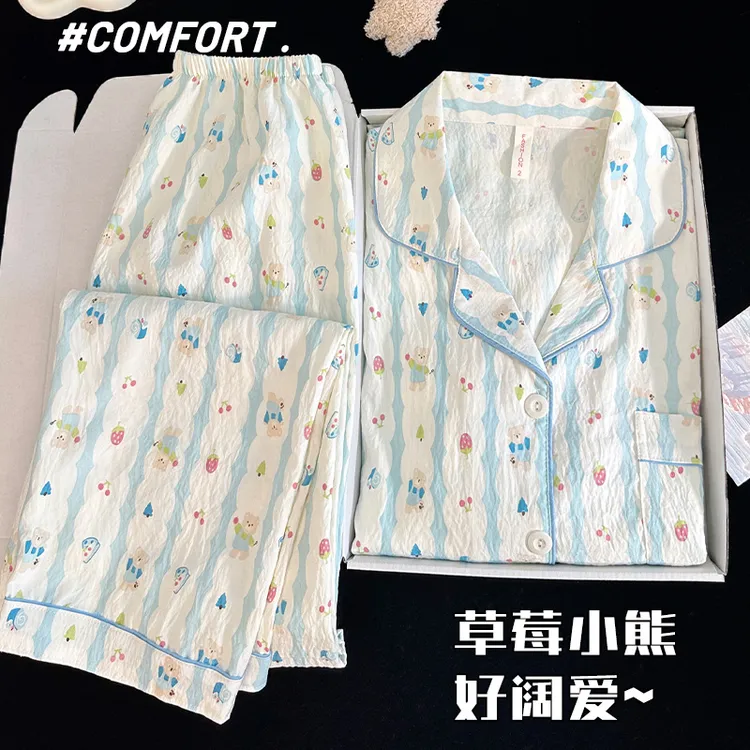 可爱小熊睡衣女款春秋季长袖开衫2025新款冬天家居服套装可外穿薄