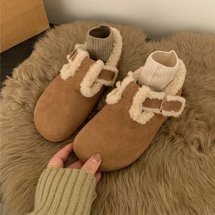 勃肯鞋女加绒2024秋冬新款森系复古圆头休闲毛毛鞋一脚蹬乐福棉鞋