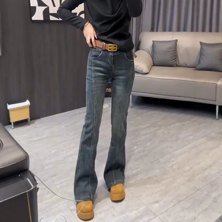 秋冬季加绒加厚复古弹力直筒马蹄裤大码女装高腰显瘦微喇牛仔裤潮