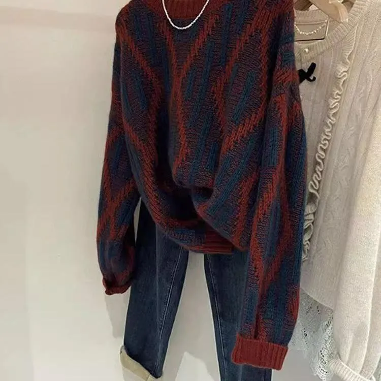 大码300斤复古潮流菱形格撞色百搭宽松毛衣男秋冬韩版洋ins针织衫