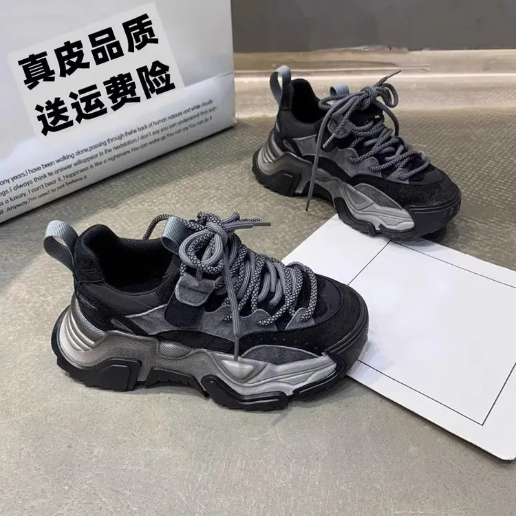 新款加绒厚底拼色机车老爹鞋女2025冬季新款松糕增高系带时尚潮鞋