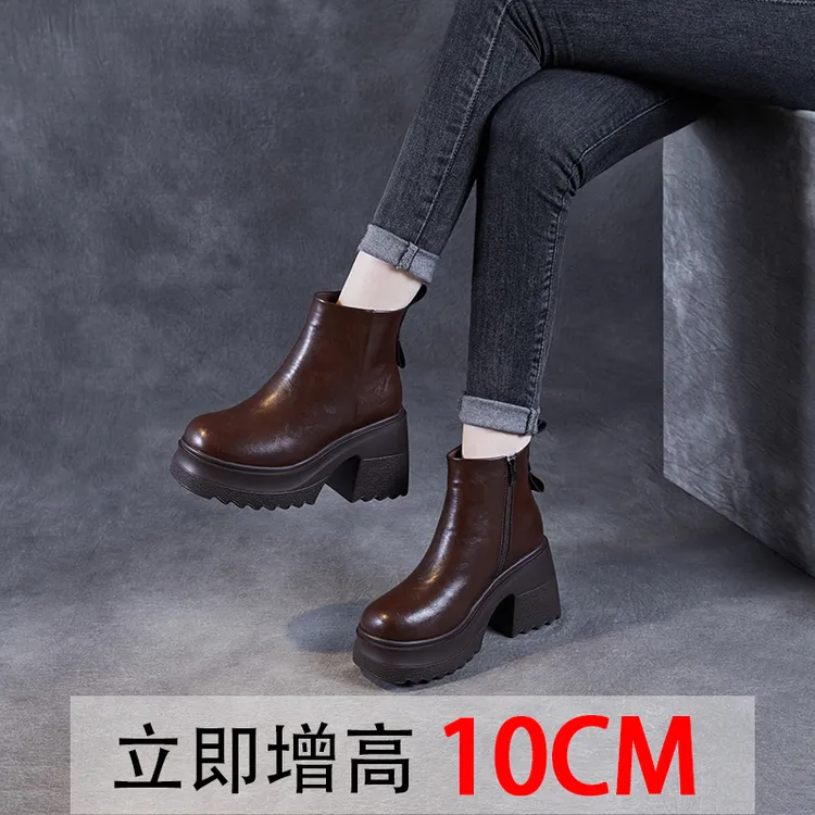 高跟复古马丁靴女秋冬粗跟厚底增高短靴真皮百搭英伦风时尚靴子