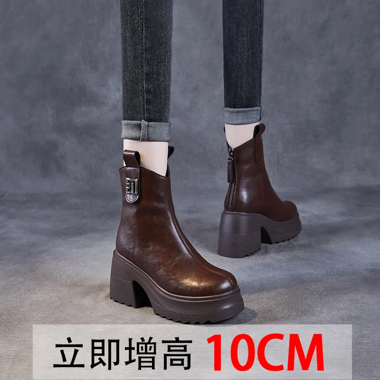复古马丁靴女秋冬粗跟显瘦厚底短靴真皮百搭英伦风时尚高跟靴子