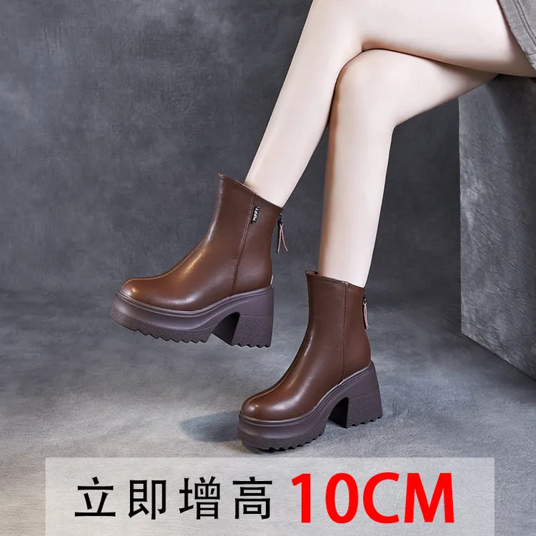 10cm高跟短靴女秋冬加绒真皮百搭复古厚底英伦风时尚圆头粗跟靴子