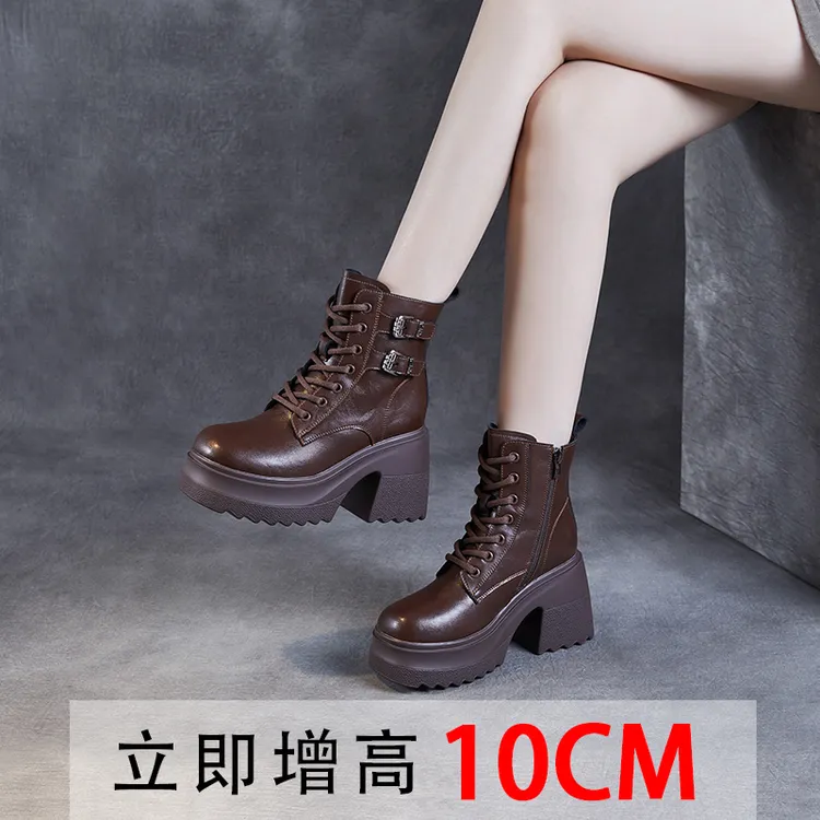 10cm粗跟短靴马丁靴女秋冬新款真皮百搭复古厚底英伦风高跟靴子
