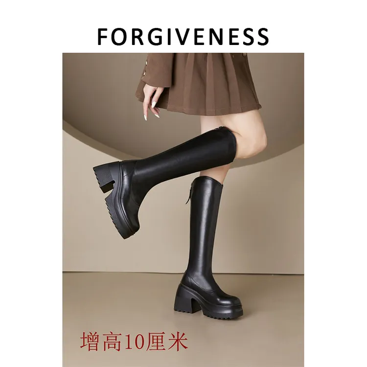 白色骑士靴小个子粗跟厚底英伦风瘦瘦靴百搭高跟真皮秋冬维密长靴