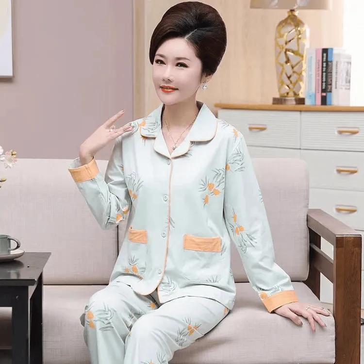 女士睡衣纯棉中年妈妈2024春秋季开衫薄款大码宽松家居服长袖套装