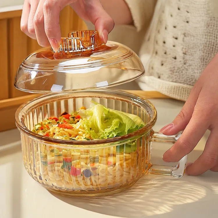 大号泡面碗加厚带盖带把手学生宿舍大容量沙拉碗家用透明玻璃碗