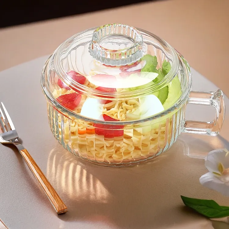 泡面碗宿舍大容量加厚透明玻璃碗家用学生沙拉碗大号带盖带把手