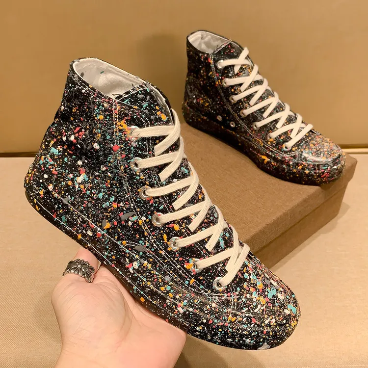 扎染涂鸦高帮帆布鞋男黑色2023新款春季韩版情侣款板鞋休闲男鞋